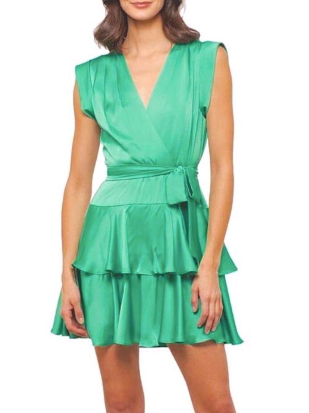 BCBGMaxAzria Satin Ruffle Mini Dress with Deep V Neckline Tie Waist